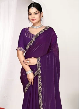 Satin Silk Trendy Saree with Swarovski Work for Women in Purple