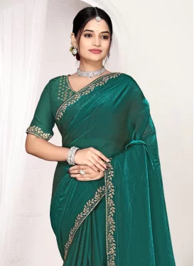 Satin Silk Swarovski Work Trendy Saree in Green