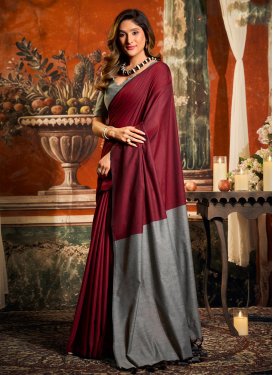Woven Work Cotton Traditional Saree in Grey and Red for Festival