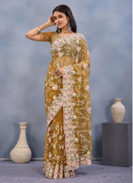 Net Classic Saree with Embroidered Work for Bridal in Mustard