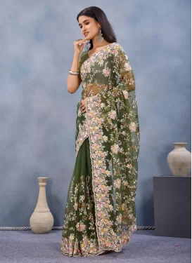 Net Classic Saree with Embroidered Work in Green