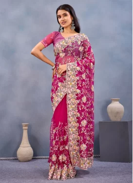 Embroidered Work Net Traditional Saree in Rose Pink for Women