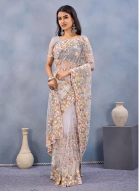 Net Embroidered Work Traditional Saree in White