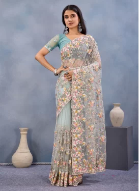 Net Traditional Saree with Embroidered Work for Festival in Turquoise