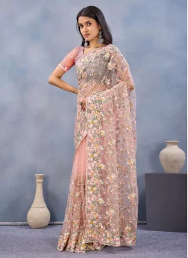 Embroidered Work Net Traditional Saree in Peach for Women
