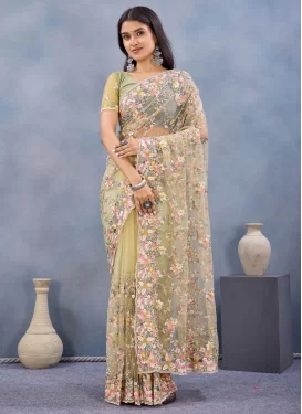 Net Trendy Saree with Embroidered Work for Festival in Yellow