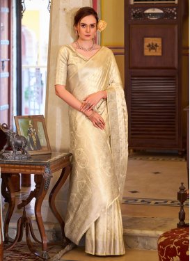 Satin Silk Classic Saree with Woven Work for Women in Cream