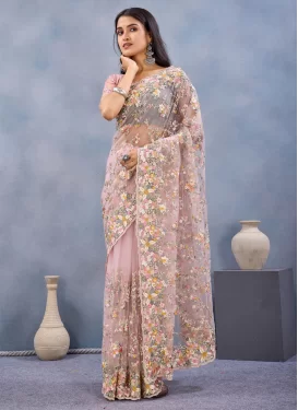 Embroidered Work Net Trendy Saree in Pink for Party