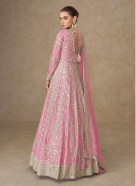Chinon Trendy Gown with Embroidered Work in Pink for Party