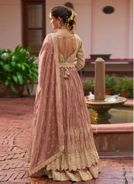 Embroidered Work Chinon Readymade Lehenga Choli in Salmon for Women