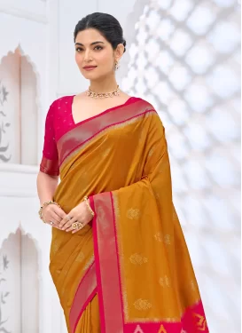 Art Silk Traditional Saree with Woven Work in Mustard and Rose Pink for Ceremonial