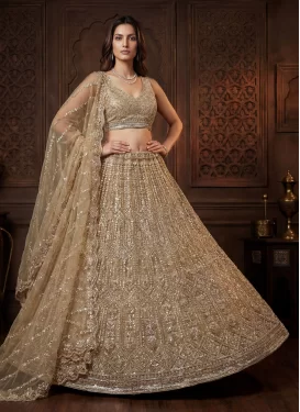 Embroidered Work Net Trendy Lehenga Choli in Beige for Women