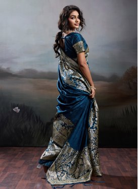 Teal Silk Blend Traditional Saree with Woven Work for Casual