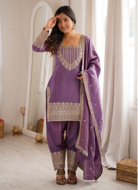 Vichitra Silk Punjabi Salwar Suit in Violet with Embroidered Work for Ceremonial