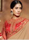 Astonishing Beige and Red Bamberg Georgette Designer Contemporary Saree - 1