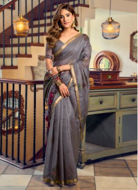 Digital Print Work Cotton Silk Trendy Saree in Grey for Ceremonial