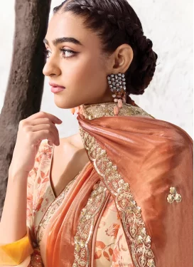 Organza Traditional Saree with Resham Work in Beige and Orange