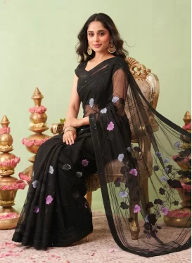 Embroidered Work Georgette Trendy Saree in Black for Women
