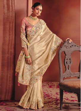 Silk Classic Saree in Beige with Embroidered Work for Bridal