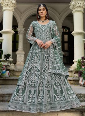 Embroidered Work Net Designer Gown in Sea Green for Women