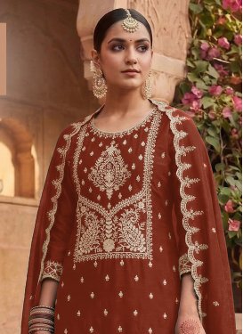 Embroidered Work Rangoli Silk Straight Suit in Rust for Women