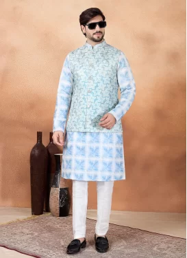 Art Silk Kurta Pajama With Jacket with Digital Print Work for Party in Light Blue and White