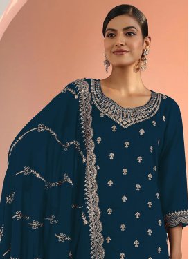 Embroidered Work Georgette Palazzo Suit in Teal for Women