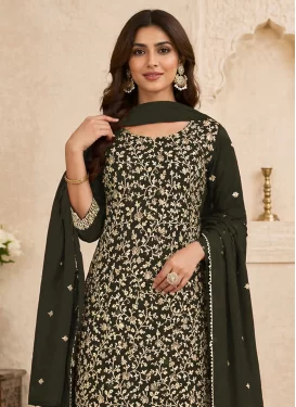 Olive Georgette Straight Suit with Embroidered Work for Ceremonial