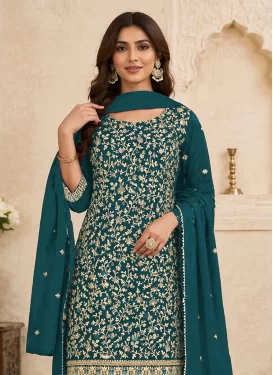 Georgette Straight Suit with Embroidered Work in Teal