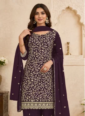 Embroidered Work Georgette Straight Suit in Purple for Women
