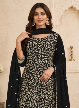 Embroidered Work Georgette Straight Suit in Black for Women