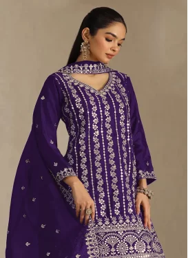 Purple Chinon Embroidered Work Palazzo Suit for Women