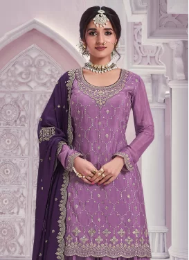 Cotton Palazzo Suit with Embroidered Work in Violet for Festival