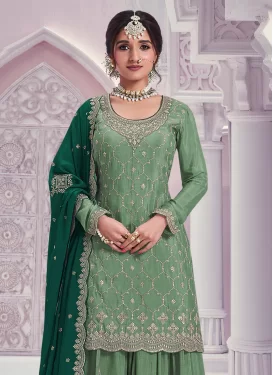 Chinon Palazzo Suit in Sea Green with Embroidered Work for Women
