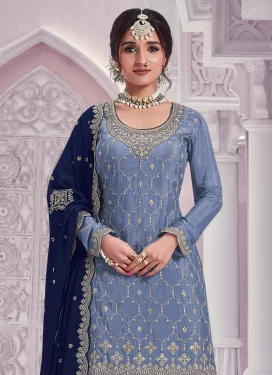 Embroidered Work Chinon Palazzo Suit in Light Blue for Ceremonial
