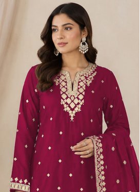 Embroidered Work Chinon Palazzo Suit in Crimson for Ceremonial
