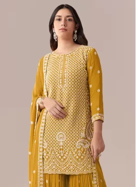 Georgette Embroidered Work Palazzo Suit in Mustard