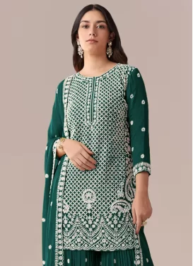 Georgette Palazzo Suit with Embroidered Work in Green for Festival