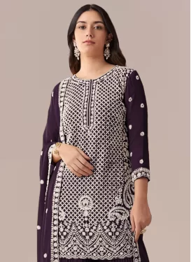 Georgette Palazzo Suit in Wine with Embroidered Work for Ceremonial