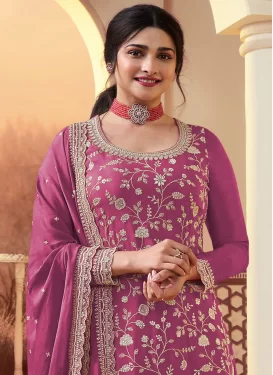 Chinon Palazzo Suit in Rose Pink with Embroidered Work for Ceremonial