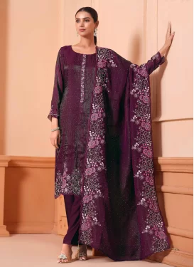 Fancy Fabric Straight Suit with Embroidered Work for Women in Wine