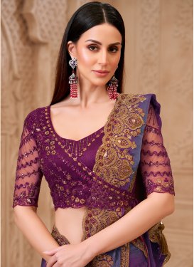 Purple Satin Georgette Classic Saree with Embroidered Work for Festival