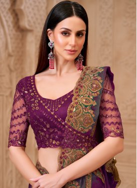 Crimson and Green Satin Georgette Embroidered Work Trendy Saree for Women