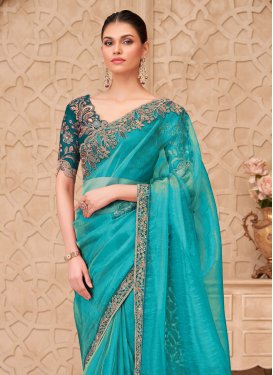 Firozi Silk Georgette Classic Saree with Embroidered Work for Ceremonial