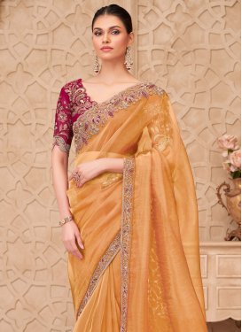 Embroidered Work Silk Georgette Classic Saree in Mustard for Women