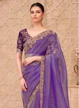 Silk Georgette Embroidered Work Traditional Saree in Violet