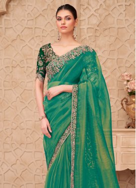 Silk Georgette Traditional Saree with Embroidered Work for Ceremonial in Green