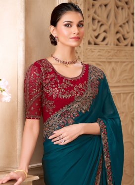 Embroidered Work Traditional Saree For Ceremonial in Teal