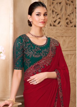 Satin Georgette Trendy Saree with Embroidered Work in Red