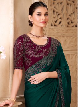 Satin Georgette Trendy Saree with Embroidered Work for Women in Bottle Green